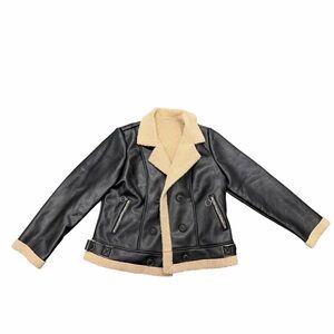Black Faux Leather Sherpa Trim Jacket Shearling Collar XL
